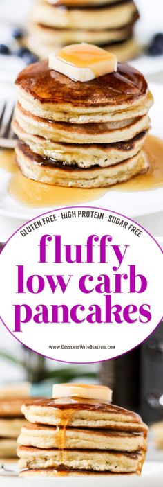 fluffy low carb pancakes on a white plate with the words, fluffy low carb pancakes