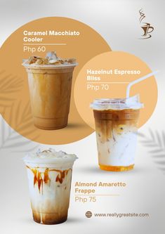 an advertisement for iced coffee with caramel and ice cream in it, including two drinks