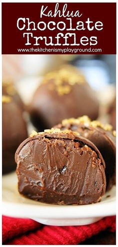 chocolate truffles on a white plate with gold sprinkles and text overlay