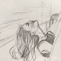 a pencil drawing of a woman sitting on a bench looking out the window with her head down