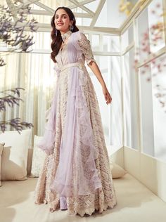 Ridhi Mehra-Coho Lilac Anarkali Set-INDIASPOPUP.COM Lilac Anarkali, Organza Anarkali, Ruffle Dupatta, Anarkali With Dupatta, Ridhi Mehra, Long Anarkali, Embroidered Anarkali, Embroidered Crop Tops, Embroidered Belt