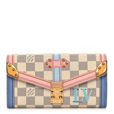 This is an authentic LOUIS VUITTON Damier Azur Summer Trunks Sarah Wallet NM. This stylish wallet is crafted of lovely Louis Vuitton signature damier on toile canvas in azur blue and white printed with a pastel trunk silkscreen print. This wallet features an envelope style front flap that opens with a polished brass press lock closure to a pink cross grain leather interior. Inside the wallet is a compartmentalized interior featuring two card slot panels, a bill fold pocket and a central zipper c Luxury Multicolor Wallets With Card Slots, Luxury Multicolor Wallets For Travel, Designer Multicolor Travel Wallet, Pink Cross, Silkscreen Print, Louis Vuitton Damier Azur, Silk Screen Printing, Leather Interior, Polished Brass