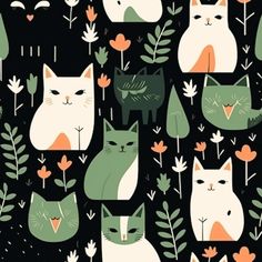 many cats and plants on a black background