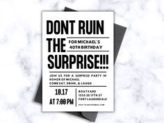 an image of a surprise party card on a marble background with the words, don't run the birthday surprise