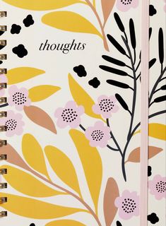 a notebook with the words thoughts written in black and pink flowers on it, next to a pen