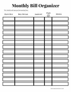 a printable worksheet for the irregular bill organizer