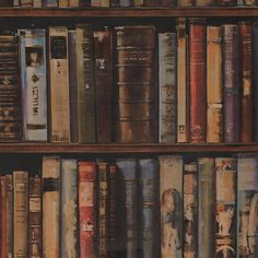 an old bookshelf filled with lots of different types of books on top of each other