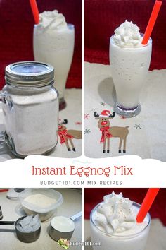 the ingredients for an eggnog mix are shown in three separate images, including milk and whipped cream