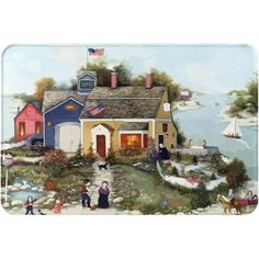 a painting of a house with boats in the water and people walking around it,