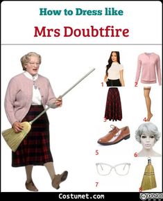 an old woman wearing a skirt, sweater and shoes with the words how to dress like mrs doubtfire