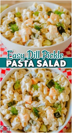 two bowls filled with pasta salad on top of a red and white checkered table cloth