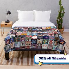 a bed covered in lots of pictures on it's side with the words 30 % off