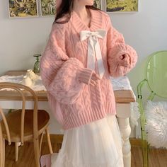 size: S, Color: Pink With Bowknot Kawaii Cotton Sweater At Affordable Price, Affordable Kawaii Cotton Sweater, Dresses Soft Pink With Sweater, Mode Kawaii, Pull Rose, Bow Sweater, Korean Casual, Pink Outfits, Kawaii Clothes