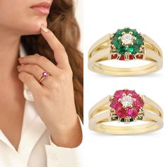 With the help of this captivating 14k Gold Pink Ruby & Emerald Reversible Ring, you may experience the magic of transformation.. This flower-shaped gemstone ring, which features brilliant rubies on one side and mesmerizing emeralds on the other, is an absolute masterpiece of design. This versatile piece is excellent for adding a touch of elegance to any occasion and will easily elevate your style. On one side, blazing pink rubies take center stage, their fiery pink color representing desire and vitality. Each ruby is meticulously set into the delicate flower arrangement, resulting in an enthralling flash of color that catches the light with every movement. Turn the ring around to see the beautiful flower shaped luscious emeralds. The emeralds' vivid green represents renewal, growth, and ha Reversible Ring, Ring Hexagon, Pink Ruby, Ring Flower, Jewellery Marketing, Ruby Emerald, One Ring, Ring Gemstone, Delicate Flower