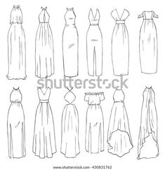 a line drawing of different types of dresses and skirts, all in black and white