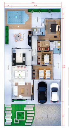 an overhead view of a floor plan with two cars parked in the driveway and a pool