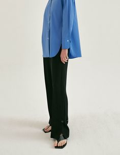 Sanna NY Vented Buttoned Trousers Classic Wide Leg Dress Pants With Buttons, Classic Pants With Button Closure For Office Wear, Office Straight Pants With Button Closure, Classic Straight Leg Dress Pants With Buttons, Ankle-length Dress Pants For Work, Straight Hem Pants With Button Closure For Work, Modern Straight Leg Pants With Button Closure, Tailored Straight Dress Pants With Buttons, Blue Button-up Bottoms For Work