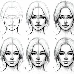 the steps to draw a woman's face with different angles and hair lengths