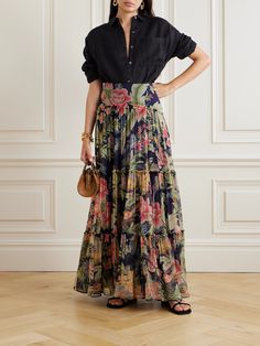 Etro's maxi skirt is decorated with romantic blooms. It’s made from airy silk-crepon and softly gathered throughout the voluminous tiers. Style yours with a floaty blouse. Summer Silk Maxi Skirt With Voluminous Fit, Voluminous Silk Maxi Skirt For Summer, Elegant Floral Print Voluminous Skirt, Elegant Voluminous Floral Print Skirt, Elegant Flowy Maxi Skirt For Garden Party, Spring Bohemian Silk Maxi Skirt, Bohemian Silk Maxi Skirt For Spring, Silk Floral Print Flowy Maxi Skirt, Elegant Floral Print Flowy Maxi Skirt