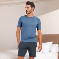 Hot and cold at night? Keep the best temperature for sleep with lightweight, breathable and exceptionally soft sleepwear featuring patented NATTWELL™ technology. 6x more breathable than cotton. 4x better at drawing night sweat away from the skin. 2x softer than cotton. Sporty Solid Color Sleepwear, Breathable Cotton Activewear For Loungewear, Comfortable Short Sleeve Activewear For Loungewear, Night Sweat, Drawing Night, Soft Sleepwear, Mens Nightwear, Jumpsuit Men, Cami Set