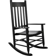 a wooden rocking chair with black paint and slatted backrests on an isolated white background