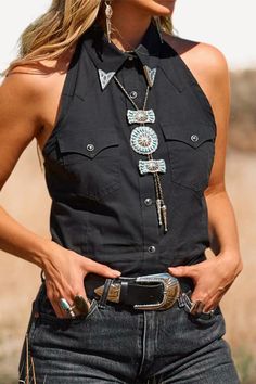 Black Cotton Sleeveless Blouse, Sleeveless Black Cotton Blouse, Black Sleeveless Cotton Blouse, Biker Outfits, Shirt Collar Styles, Country Girls Outfits, Biker Outfit, Western Tops, Girls Outfits