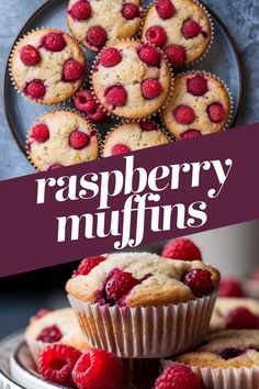 raspberry muffins on a plate with the title overlay reading raspberry muffins