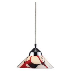 a light fixture with a red and white glass shade on the bottom, hanging from a metal rod