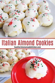 italian almond cookies with white frosting and sprinkles on a red plate