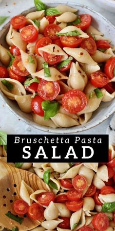 pasta with tomatoes and basil in a white bowl