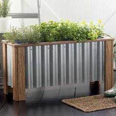 a planter with plants in it sitting next to a pair of rubber boots on the floor