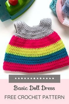 a crocheted baby dress is shown with the instructions to make it