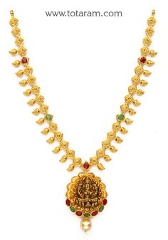 22 Karat Gold 'Lakshmi' Necklace with Ruby, Emerald & South Sea Pearls (Temple Jewellery)    - 235-GN4163 - in 18.300 Grams for USD $1576.41. 
Made in India by Totaram Jewelers Online this product is in Gold - 22 Karat BIS Hallmark 916 KDM Gold  & is an excellent gift for Adult - Women. Ships fully insured with secured guaranteed delivery for free with your order over $250 from New Jersey USA & comes with 30 days exchange policy. Luxury Fusion Style Temple Necklace In 22k Gold, Luxury Gift Temple Necklace With Zari Work, Luxury Temple Jewelry Beaded Pendant Necklaces, Luxury Red Temple Necklace For Diwali, Festive 22k Gold Luxury Temple Necklace, Luxury 22k Gold Emerald Temple Necklace, Luxury Traditional Gemstone Temple Necklace, Luxury 22k Yellow Gold Temple Necklace, Luxury Temple Jewelry Danglers As Gift