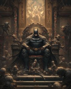 a batman sitting on top of a throne surrounded by skulls