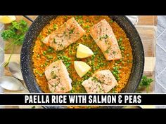 some fish and peas are in a skillet