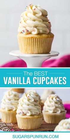 the best vanilla cupcakes with white frosting and sprinkles on top