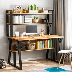 1/2 Tiers Computer Desk Bookshelf Modern Writing Study Desk with Storage Shelf Space Saving Desktop Organizer Workstation for Home Office - Trendha Desk With Bookshelf, Desk Bookshelf, Bookshelf Desk, Room Desk, Laptop Table, Computer Table, Study Desk, Study Table, Study Office