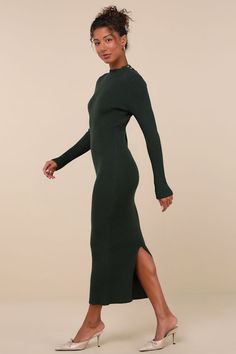 Flaunt your stuff as the leaves fall in the Lulus Autumnal Sensation Green Ribbed Long Sleeve Sweater Dress! Soft and stretchy ribbed knit shapes this casually chic dress that features two functional tortoise buttons at the mock neckline for a cute detail, all framed by long sleeves. The figure-hugging silhouette shows off your curves just right before falling to a sophisticated midi hem with a kick pleat at back. Pair with your favorite boots for that perfect cold weather look! Fit: This garment fits true to size. Length: Mid-calf length. Size medium measures 52" from shoulder to hem. Bust: Great for any cup size. Waist: Fitted - stretchy fabric allows custom fit. Hip: Fitted - stretchy fabric allows room for hips. Undergarments: May be worn with any standard bra. Fabric: Fabric is very s Casually Chic, Midi Sweater Dress, Hugging Silhouette, Leaves Fall, Favorite Boots, Kick Pleat, Long Sleeve Sweater Dress, Flattering Dresses, Sweater Dress Midi