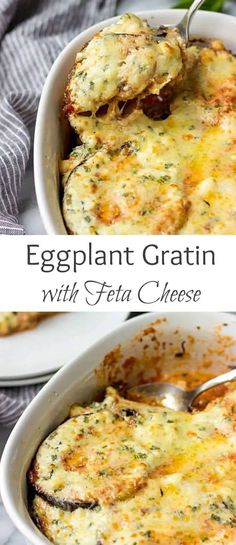 eggplant gratin with feta cheese in a white casserole dish