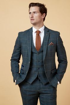 Scott Blue Check Suit | Three Piece Suit | Marc Darcy Best Groom Suits, Blue Check Suit, Navy Suit Wedding, Suit Colors, Graduation Suits, Wedding Blazers, Tweed Wedding Suits, Cream Suit, Peaky Blinders Suit