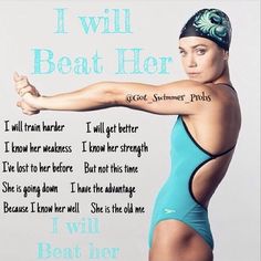 a woman in a blue swimsuit with the words i will beat her