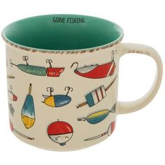 a coffee mug with some fishing related items on the front and bottom, along with words gone fishing