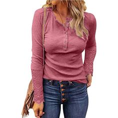 This long sleeve top is great for fall with its henley button up detail in front. Wear it with your favorite tank for an on trend layered look. The cuff at the sleeve features a lace detail. Lace cuff at the sleeve Button up henley Soft, cotton blend 65% Cotton, 35% Polyester Winter Blouses, Lace Sleeve Top, Ribbed Shirt, Lace Splicing, Ruffle Long Sleeve, Mini Robes, Ribbed Top, Long Blouse, Sleeves Pattern