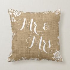 a burlap pillow with the word mr and mrs printed on it in white