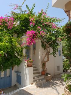 a white house with pink flowers on the outside