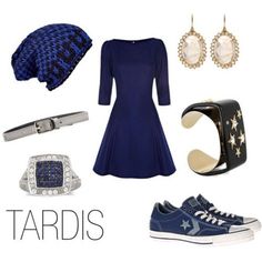 there is a blue dress and accessories on this page with the caption tardis