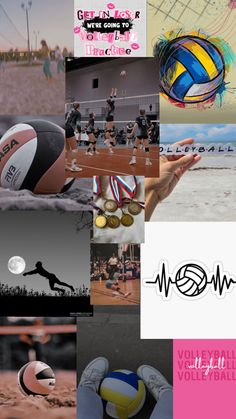 a collage of volleyball images with the words beach volley written in black and white