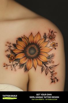 a sunflower tattoo on the back of a woman's shoulder, with leaves and flowers around it