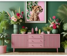 Pink And Green Apartment, Miami Style Decor, Pink Office Ideas, Jungle Home Decor, Tropical Chic Decor, Bright Interior Design, Jungle Background, Funky Living Rooms, Jungle Foliage