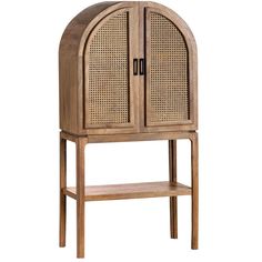 a wooden cabinet with wicker doors and shelves on the front, against a white background